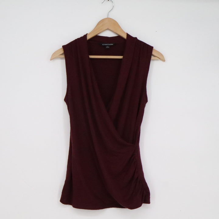 41 Hawthorn Womens Burgundy Surplice Wrap Sleeveless Ruched Knit Top Size S