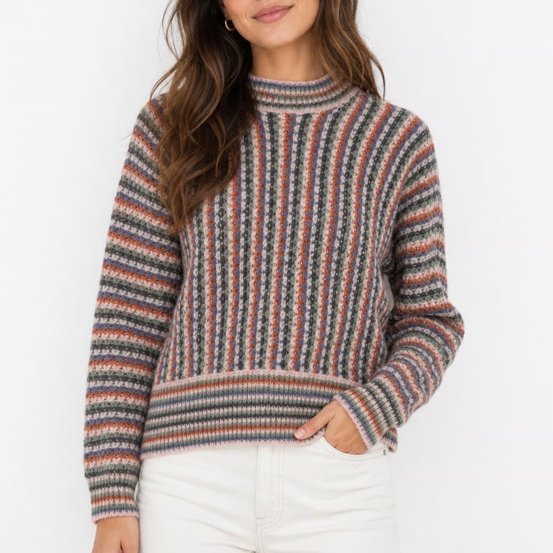 Hem & Thread Multi Color Striped Pointelle Knit Crew Neck Sweater Small