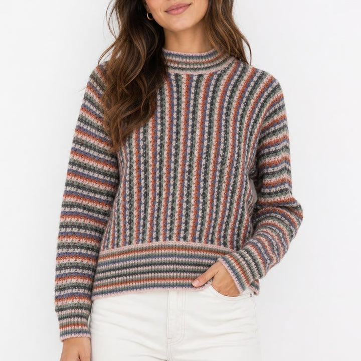 Hem & Thread Multi Color Striped Pointelle Knit Crew Neck Sweater Small
