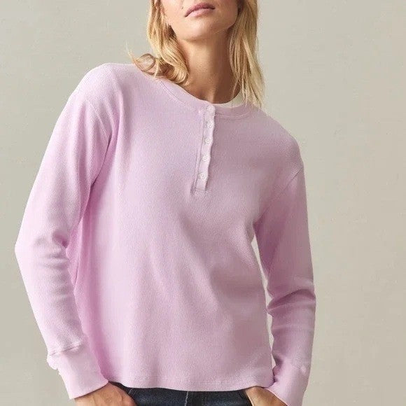 American Giant Thermal T-Shirt Womens M Pink Cotton Stretch Waffle Henley Neck