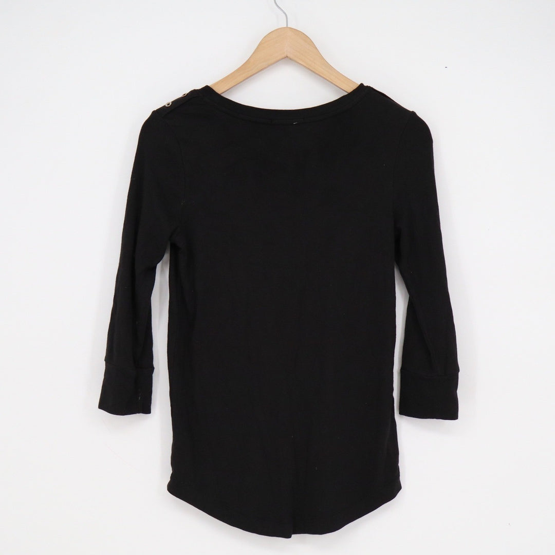 Willi Smith Black Pima Cotton Modal Ribbed 3/4 Sleeve Top Shoulder Button M