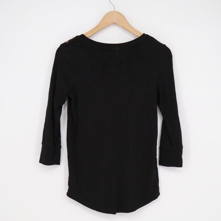 Willi Smith Black Pima Cotton Modal Ribbed 3/4 Sleeve Top Shoulder Button M