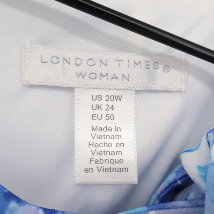 London Times Woman Blue Floral Pleated Neck Fit Flare Dress Plus Size 20W