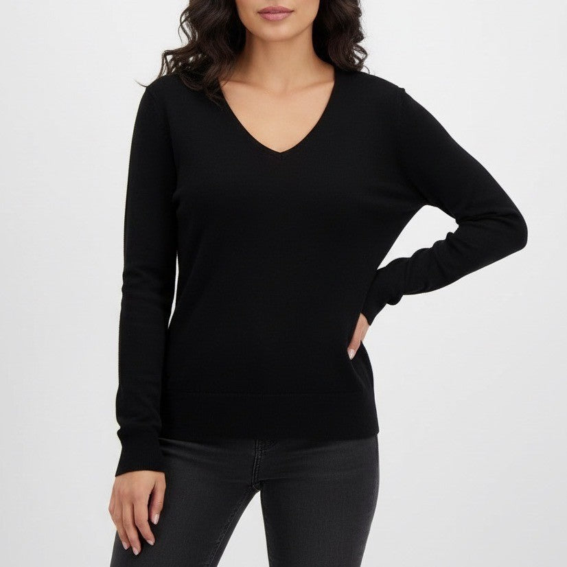 Soft Surroundings Sweater Womens large Black Knit V-Neck Ribbed Hem Long Sleeve