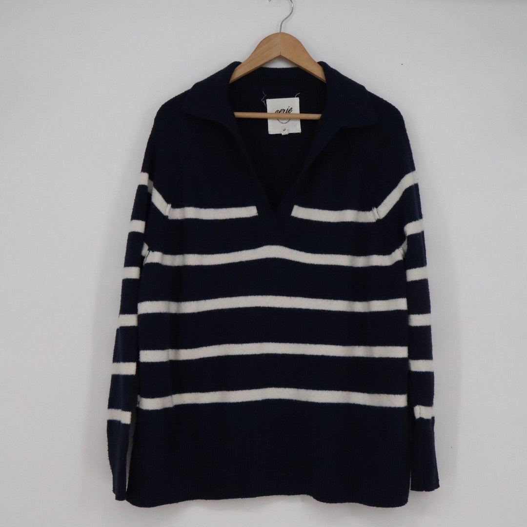 Aerie Navy Blue White Striped Polo V-Neck Sweater Small S Nautical Relaxed Fit