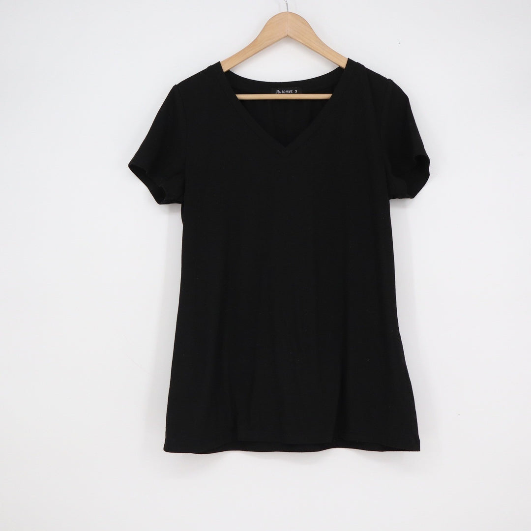 Automet Womens Black V-Neck Short Sleeve T-Shirt Size M Stretch Basic
