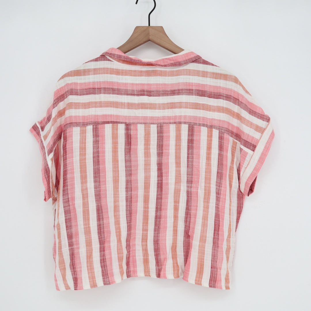 Francesca's mi ami Pink Striped Linen Blend Button Up Shirt Womens L