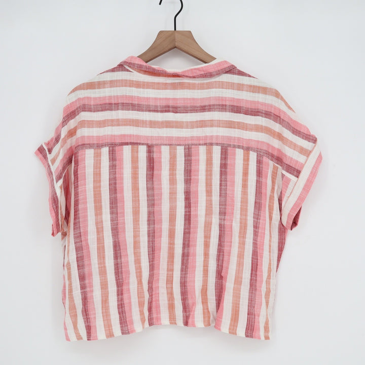 Francesca's mi ami Pink Striped Linen Blend Button Up Shirt Womens L
