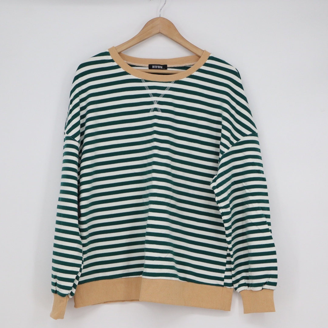 BTFBM Green White Striped Crewneck Sweatshirt Large Tan Trim