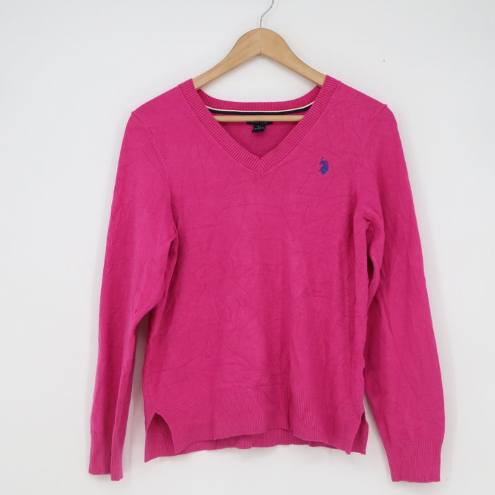 US Polo Assn Womens V-Neck Sweater Fuchsia Pink Blue Logo Rayon Blend Large