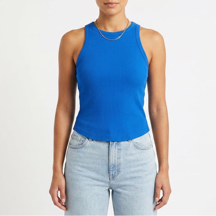 Laslulu Tank Top Womens Medium Royal Blue Stretch Knitted Ribbed Round Neck
