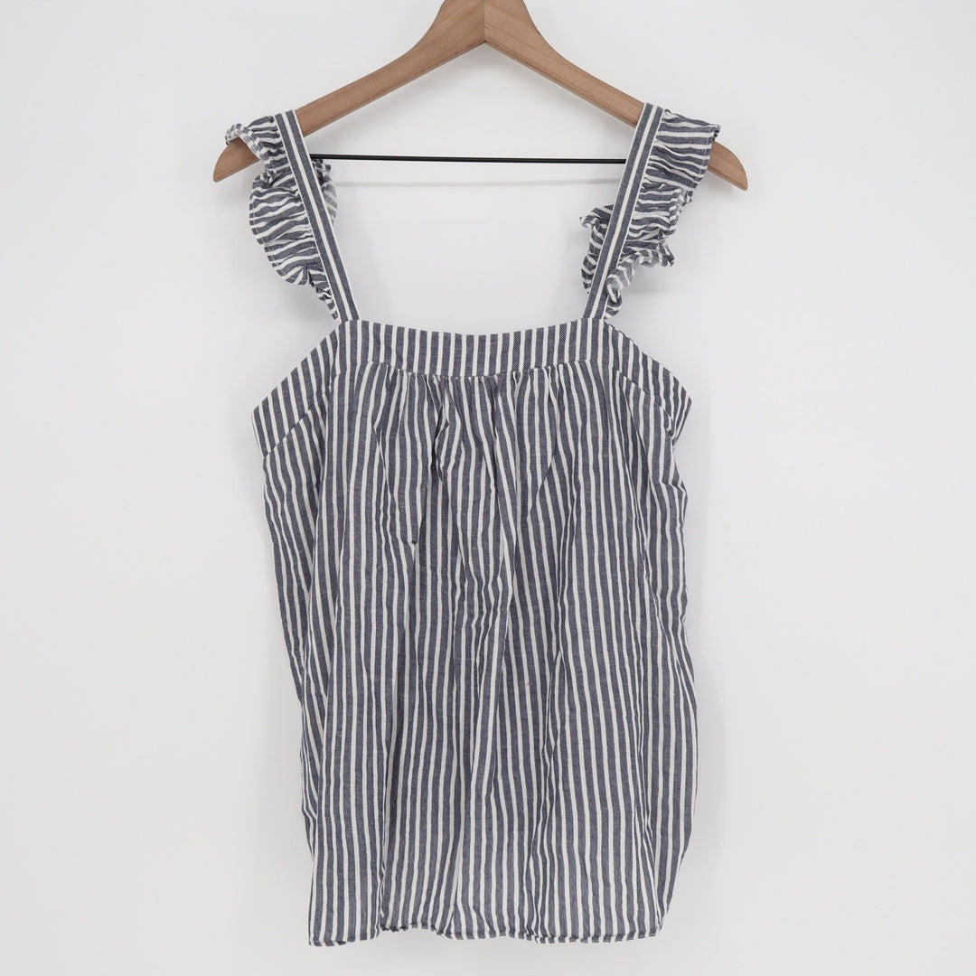 Old Navy Blue White Striped Ruffle Strap Cotton Linen Tank Top Medium Smocked