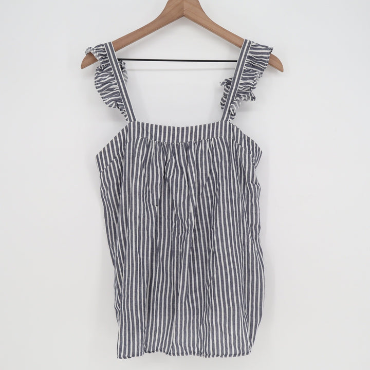 Old Navy Blue White Striped Ruffle Strap Cotton Linen Tank Top Medium Smocked
