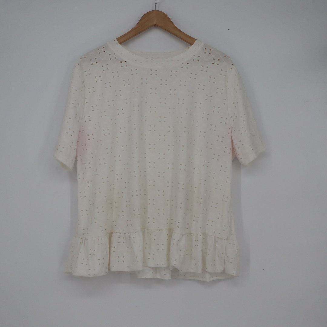 White Eyelet Lace Peplum Top Short Sleeve Ruffle Hem Blouse XXL