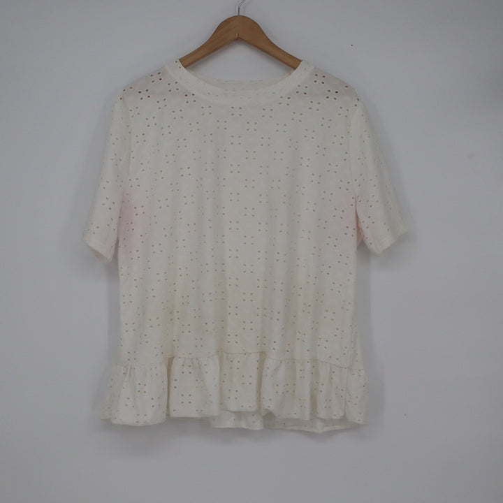 White Eyelet Lace Peplum Top Short Sleeve Ruffle Hem Blouse XXL