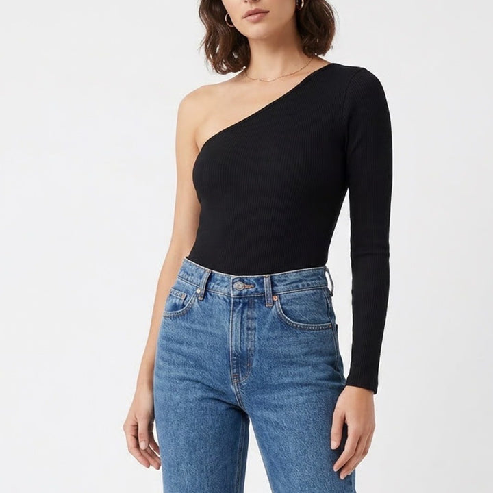 Naked Wardrobe Mens One Shoulder Long Sleeve Bodysuit Black M