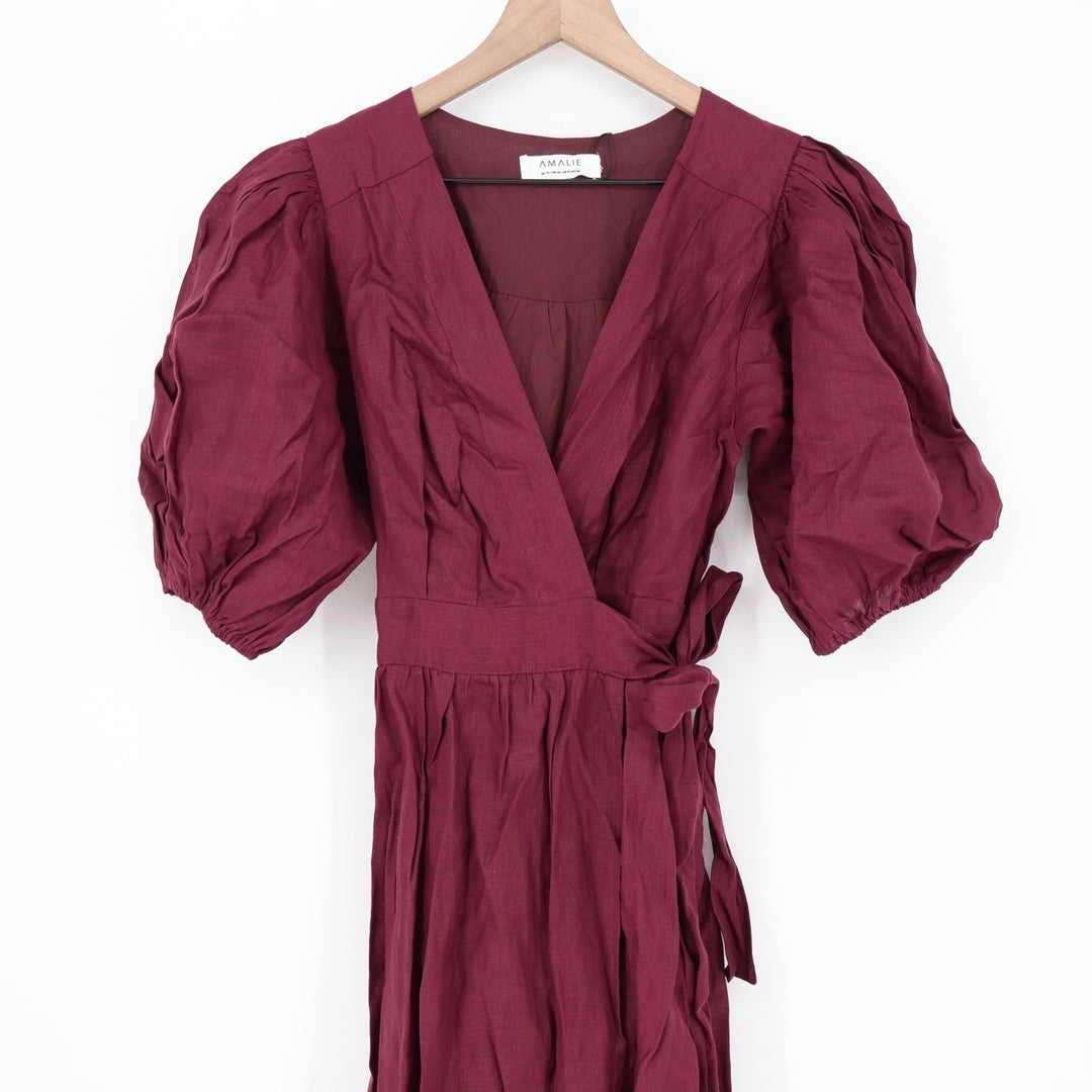 Amalie The Label Franc Midi Dress Dark Plum Linen Puff Sleeve Wrap US 6
