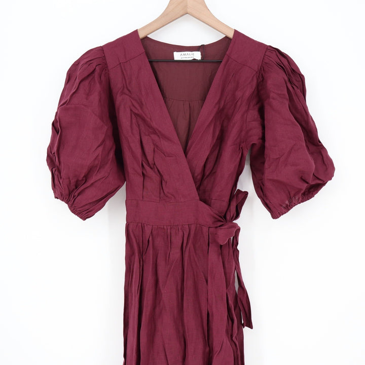 Amalie The Label Franc Midi Dress Dark Plum Linen Puff Sleeve Wrap US 6