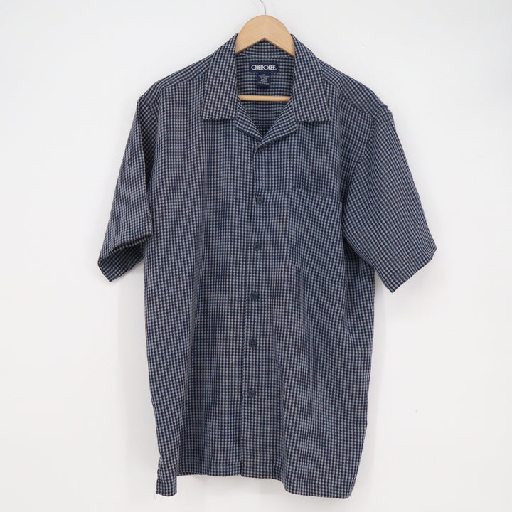 Cherokee Mens Medium Navy Blue Gingham Check Short Sleeve Button Down Shirt