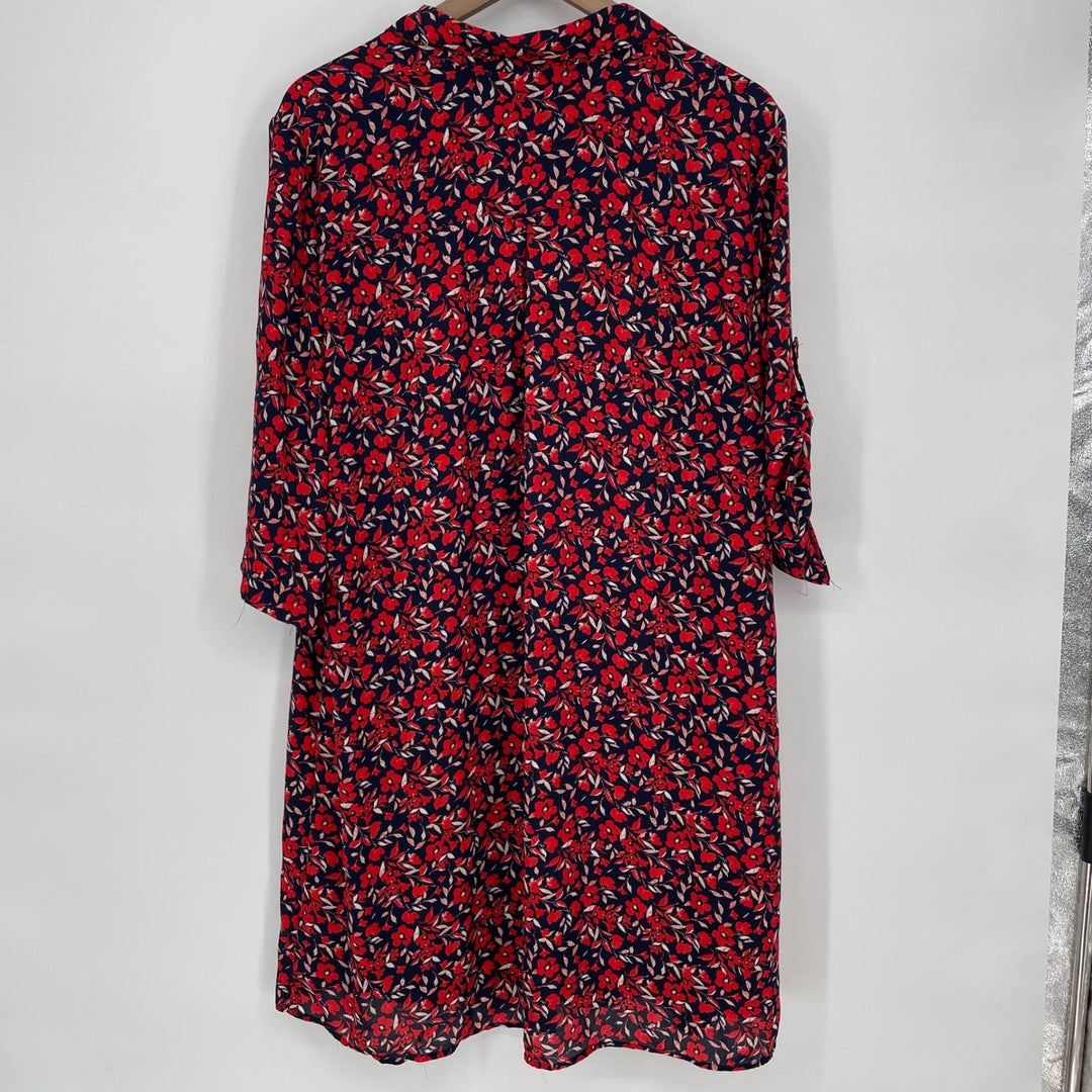 New York Company Floral Print Shirt Dress Navy Red XL Roll Tab Sleeve