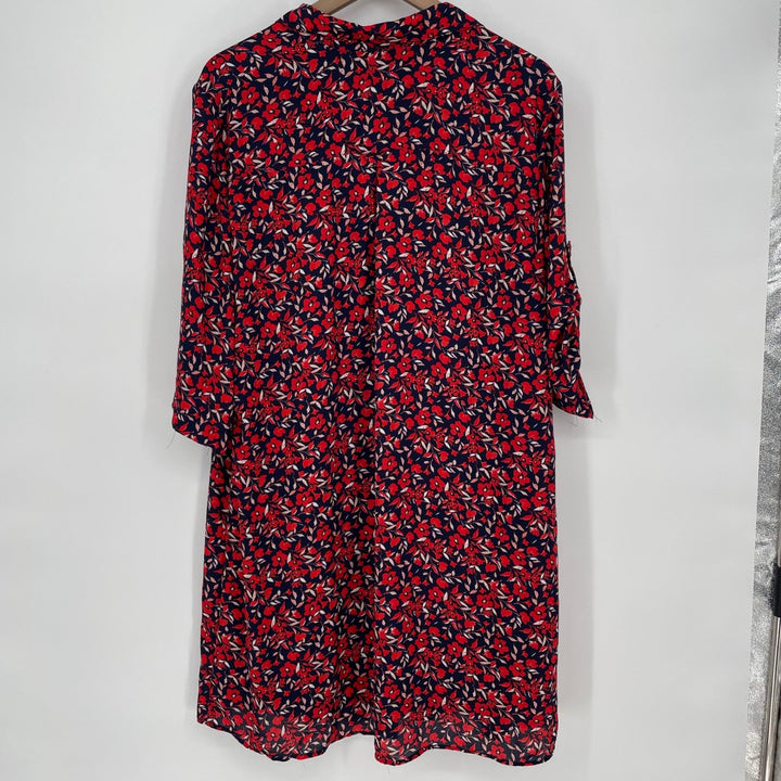 New York Company Floral Print Shirt Dress Navy Red XL Roll Tab Sleeve