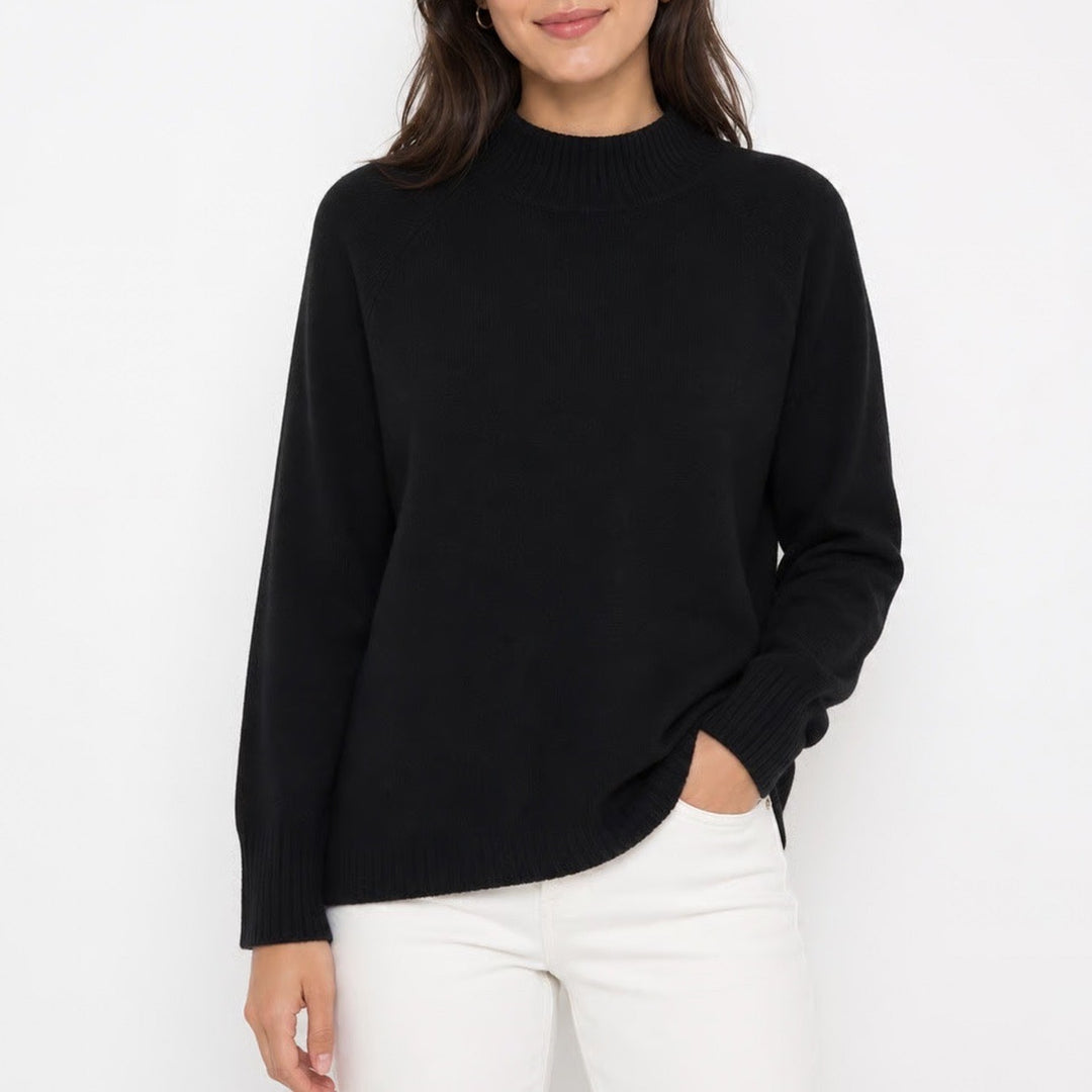 Eddie Bauer Womens Black Mock Neck Raglan Sleeve Knit Sweater Size L Thumbholes