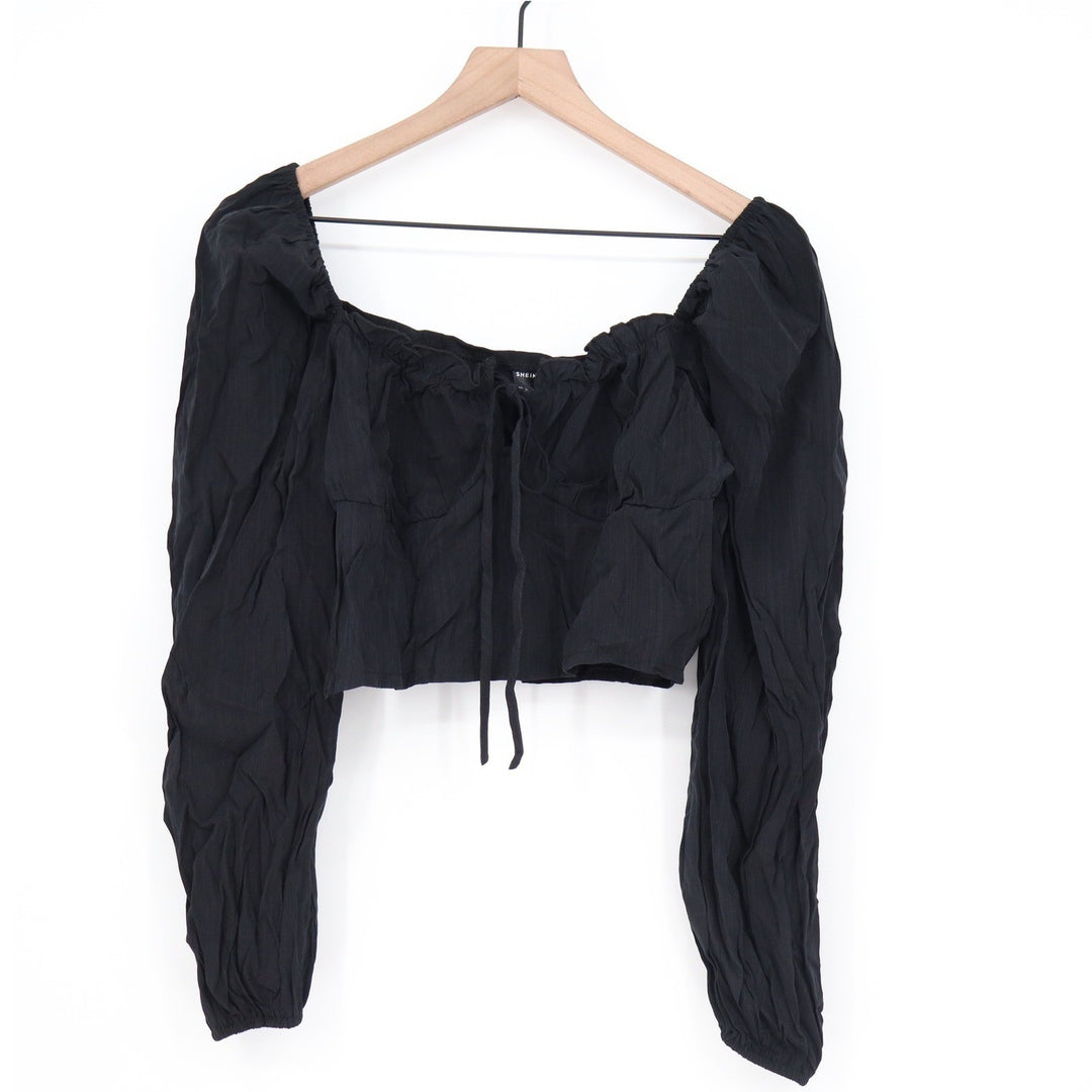 Shein Black Milkmaid Crop Top Long Puff Sleeve Tie Front Square Neck Size L