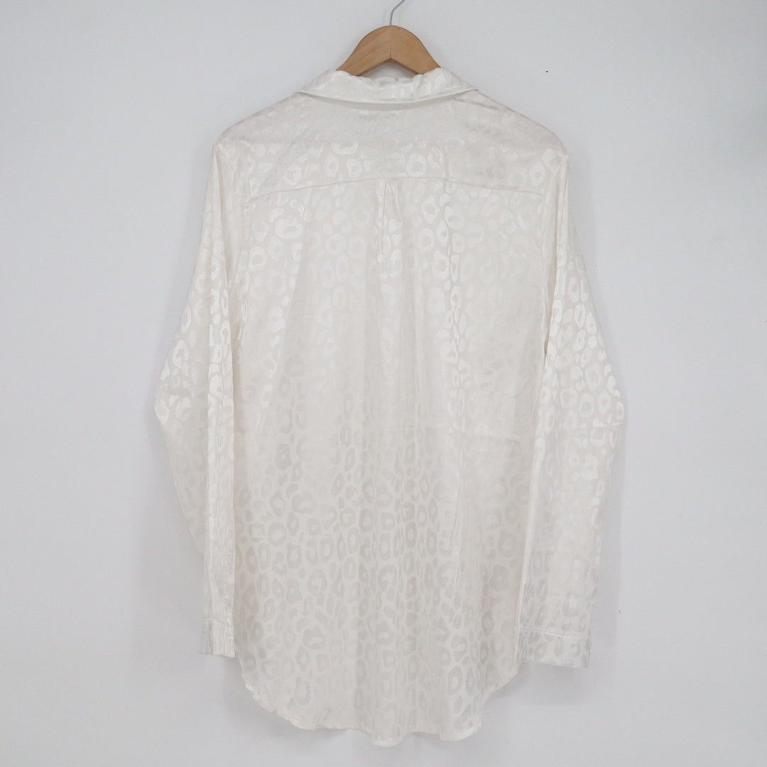 Womens Cream White Leopard Satin Button Down Shirt Jacquard Long Sleeve XL