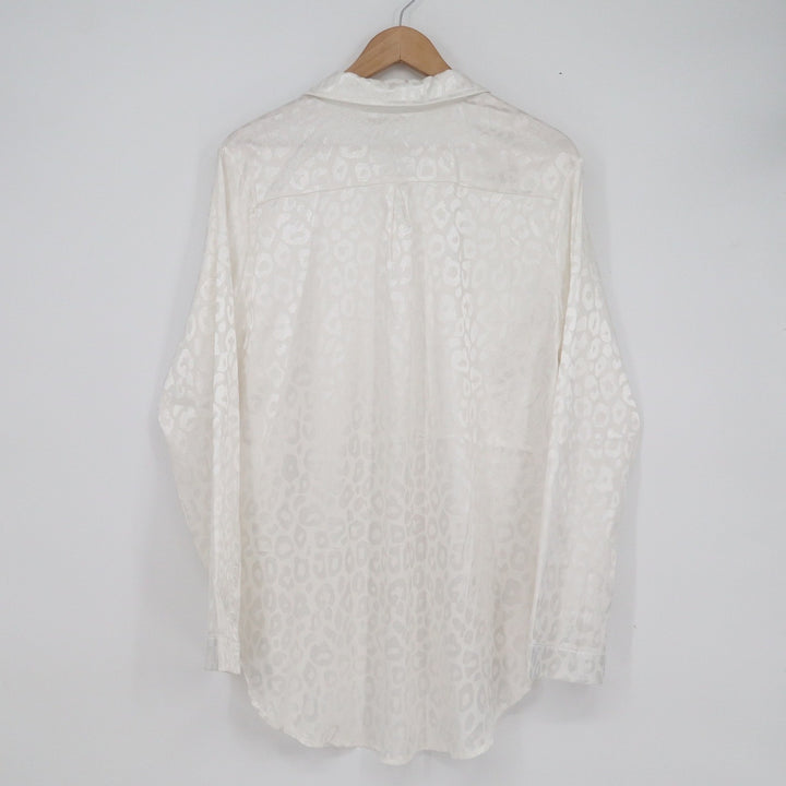 Womens Cream White Leopard Satin Button Down Shirt Jacquard Long Sleeve XL