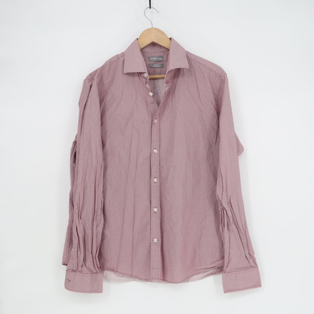 Michael Kors Mens Slim Fit Untucked Length Burgundy Geometric Shirt 16 34/35 L