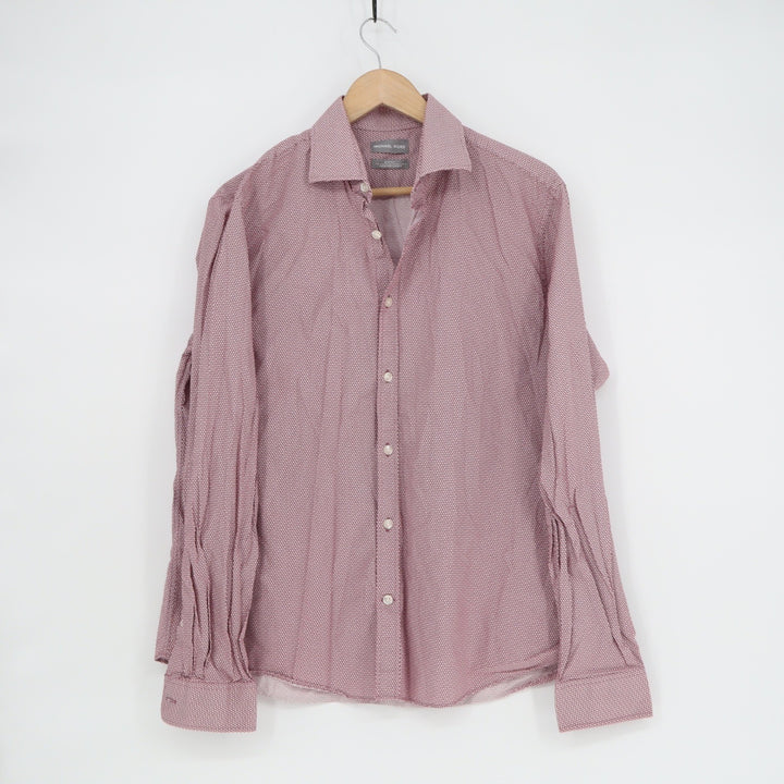 Michael Kors Mens Slim Fit Untucked Length Burgundy Geometric Shirt 16 34/35 L