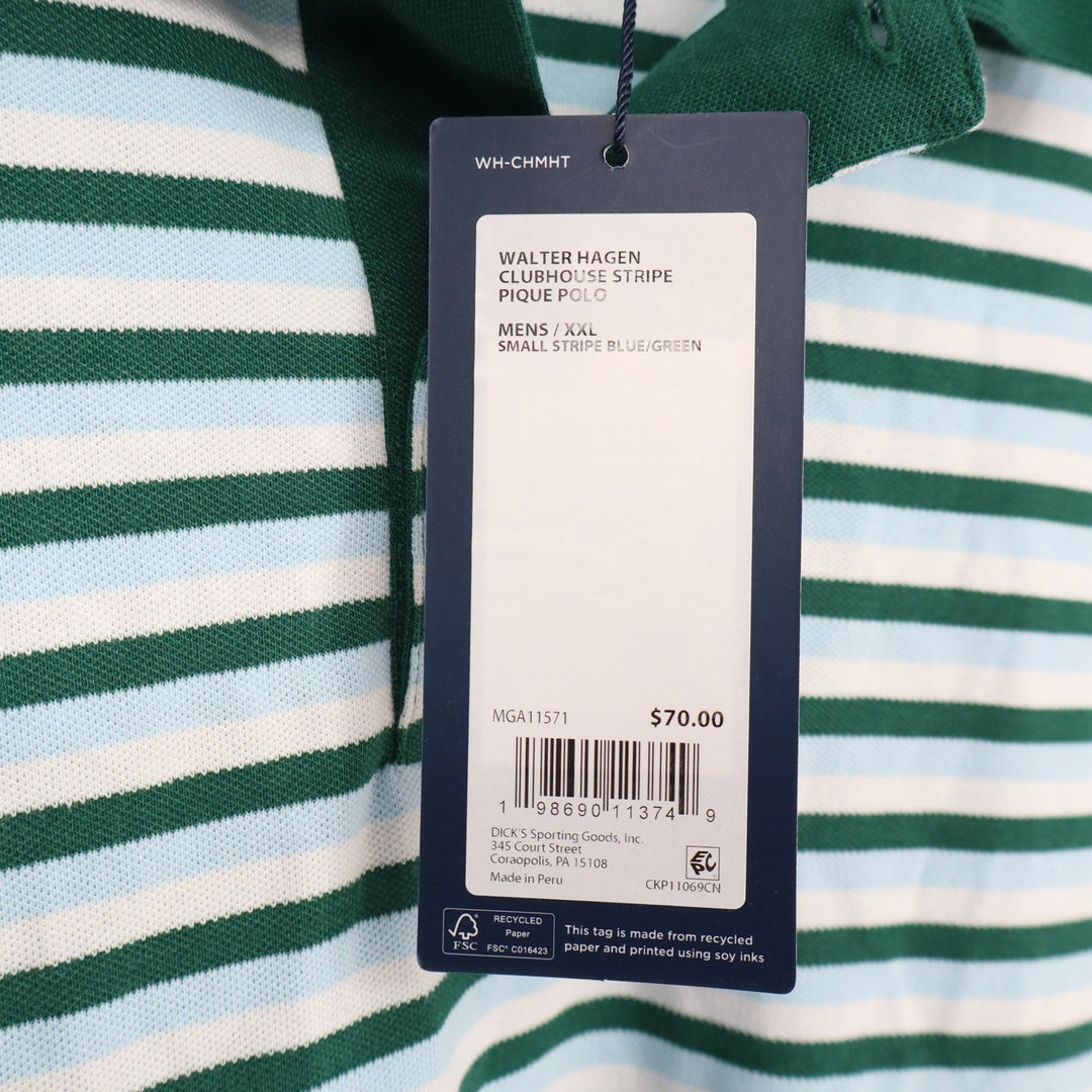 Walter Hagen Mens XXL Clubhouse Stripe Pique Polo Green Blue Short Sleeve Shirt