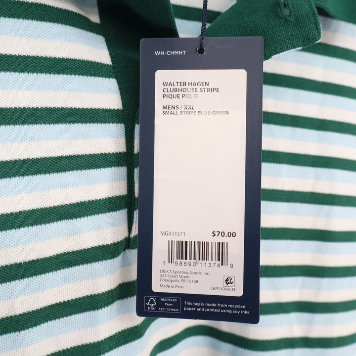 Walter Hagen Mens XXL Clubhouse Stripe Pique Polo Green Blue Short Sleeve Shirt