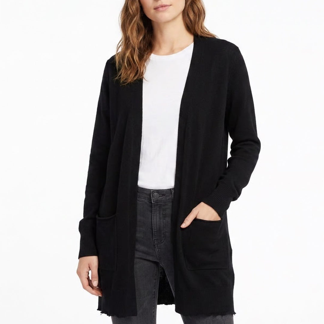 Matty M cardigan Sweater Womens XL Black Knitted Open Front Pockets Ribbed Hem