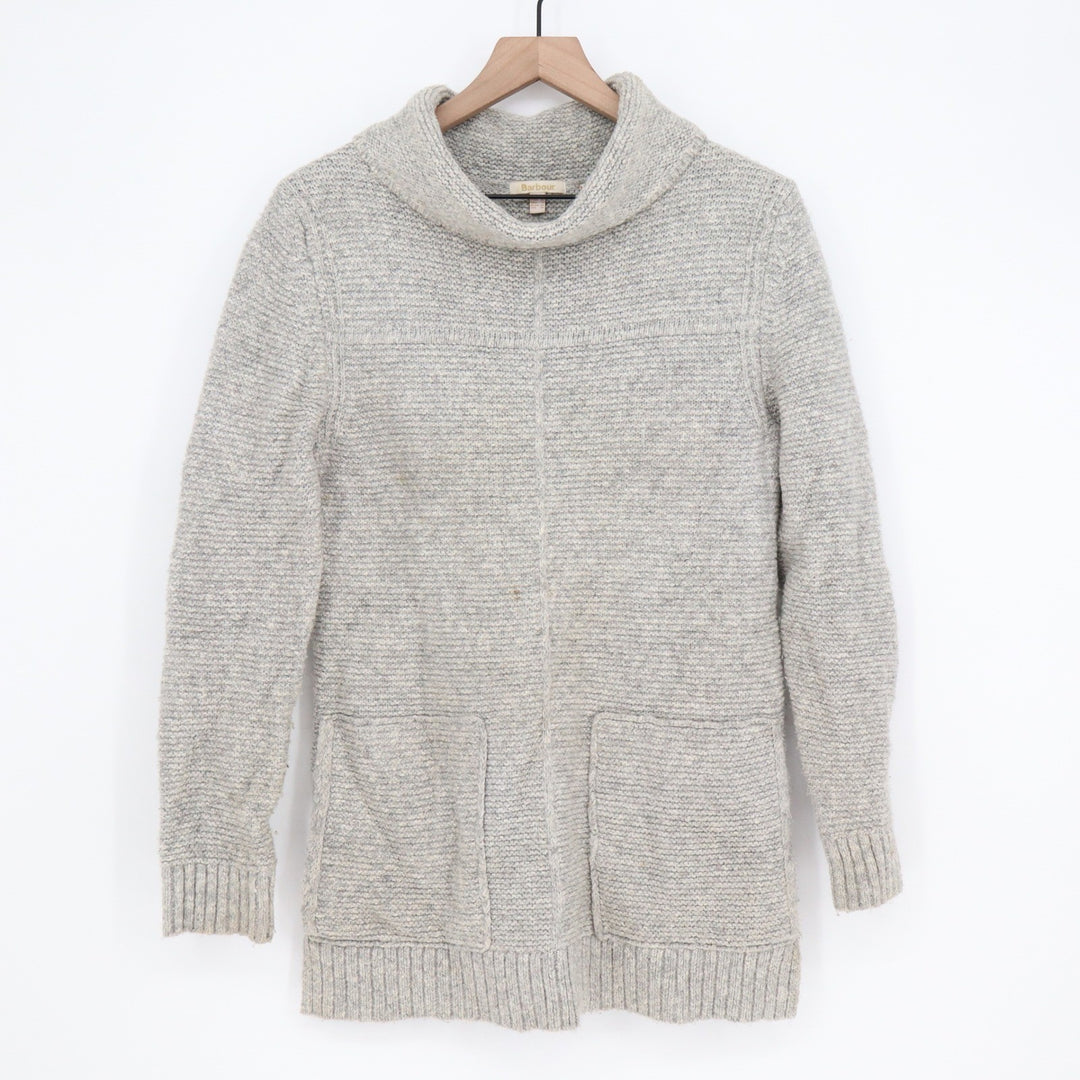 Barbour Malvern Roll Collar Grey Marl Textured Knit Sweater Pockets