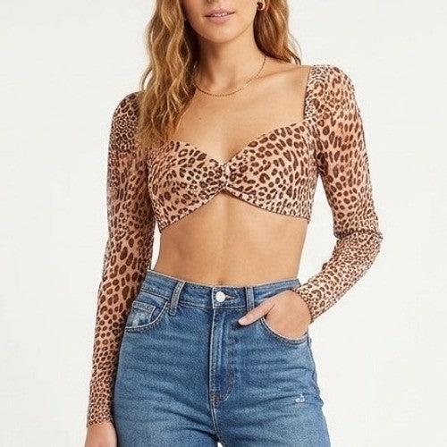 Naked Wardrobe Leopard Print Long Sleeve Crop Top Sweetheart Womens S