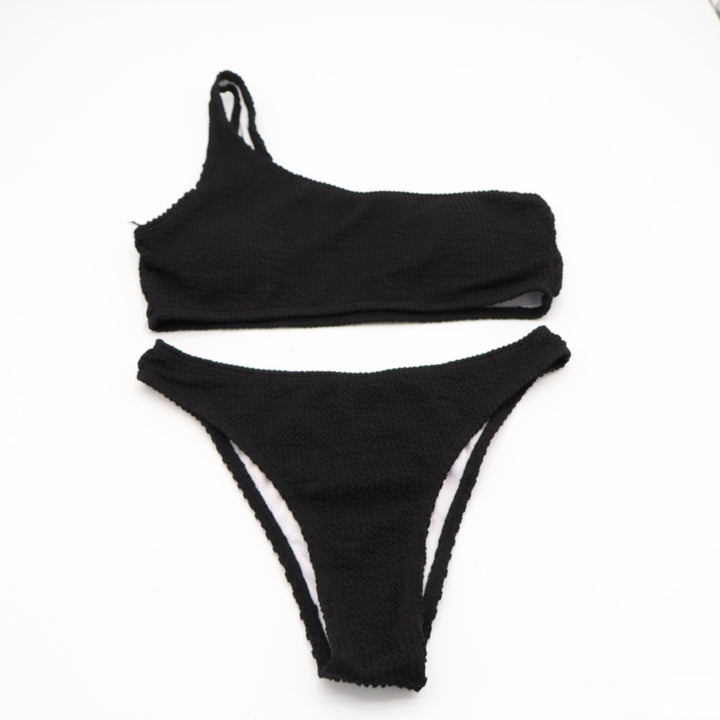 2 Piece Bikini Set Womens Small Black Textured One Shoulder Swimsuit Beachwear