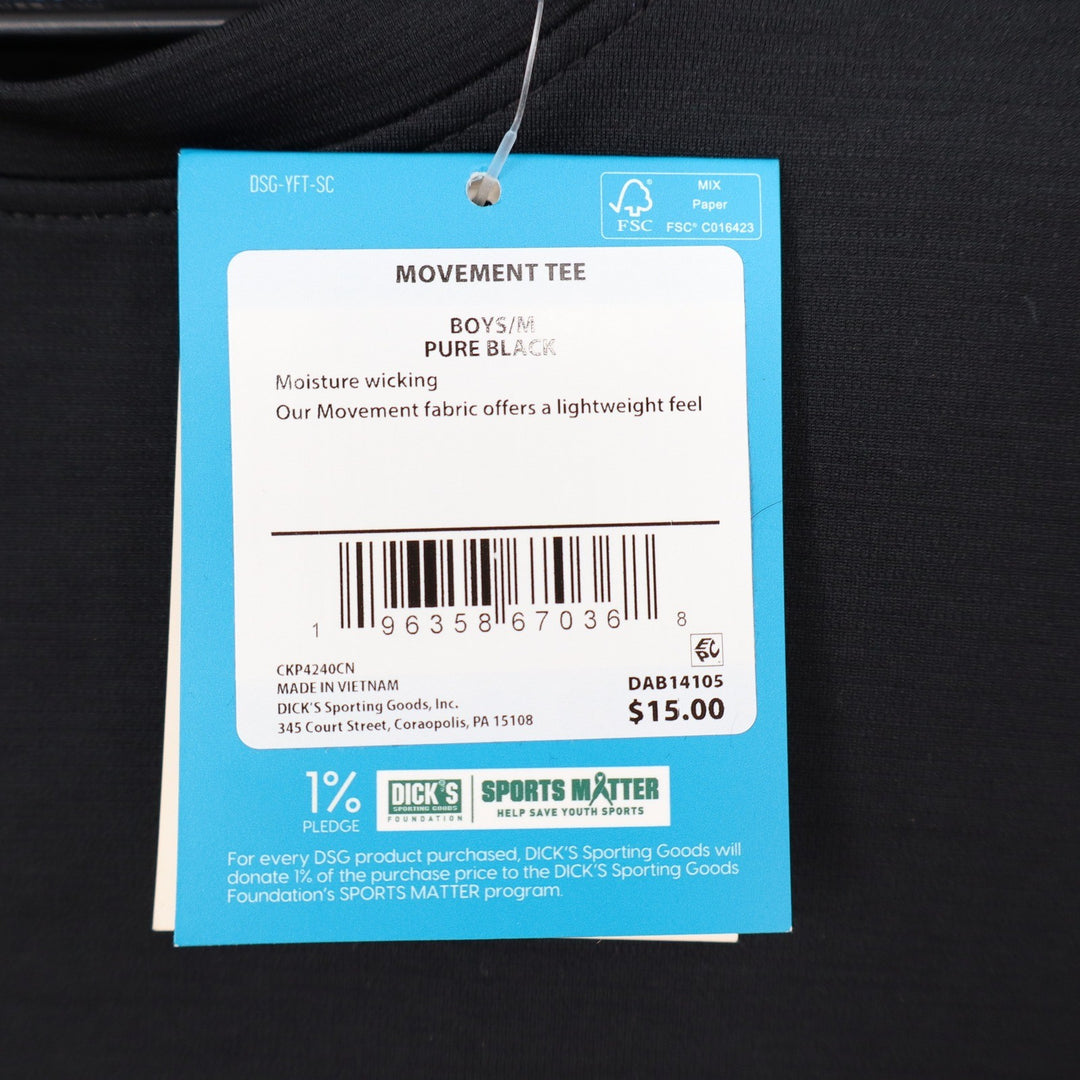 DSG Boys Movement Tee Pure Black Short Sleeve Moisture Wicking Shirt Size M