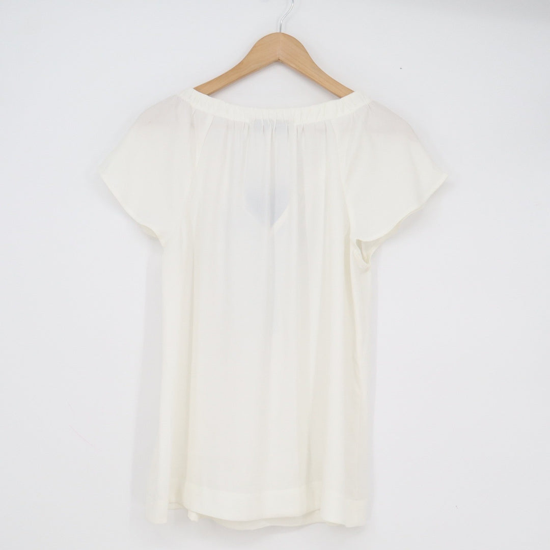 Ann Taylor LOFT Womens Medium Off White Short Flutter Sleeve Bow Tie Blouse Top