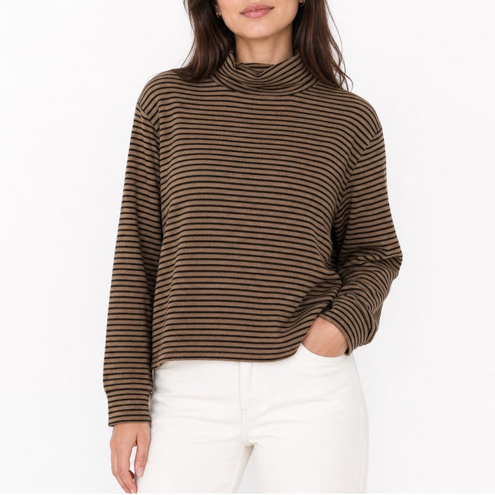 Maxwell Jason Vintage Tan Black Striped Turtleneck Long Sleeve Knit Top Medium
