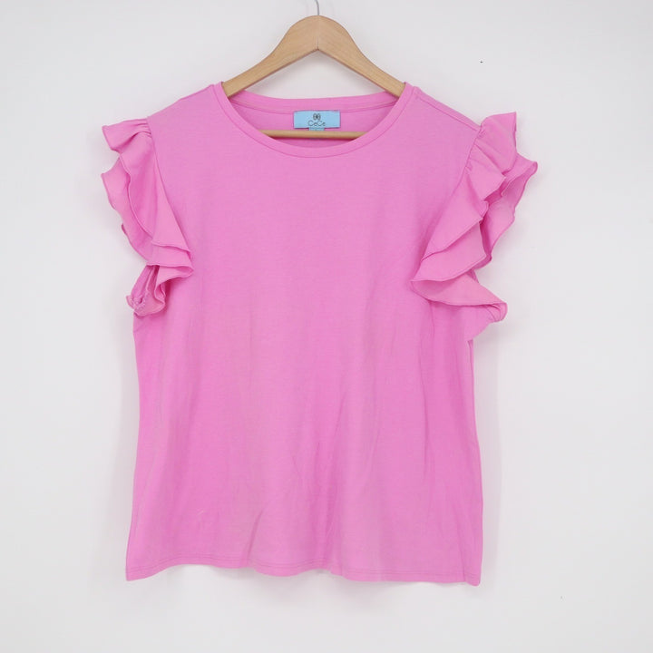 CeCe Pink Ruffle Sleeve Crew Neck Knit Top Size L