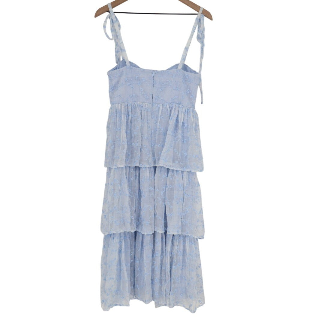Lulus Vineyard Visit Midi Dress Womens Medium Blue Embroidered Tie-Strap Tiered