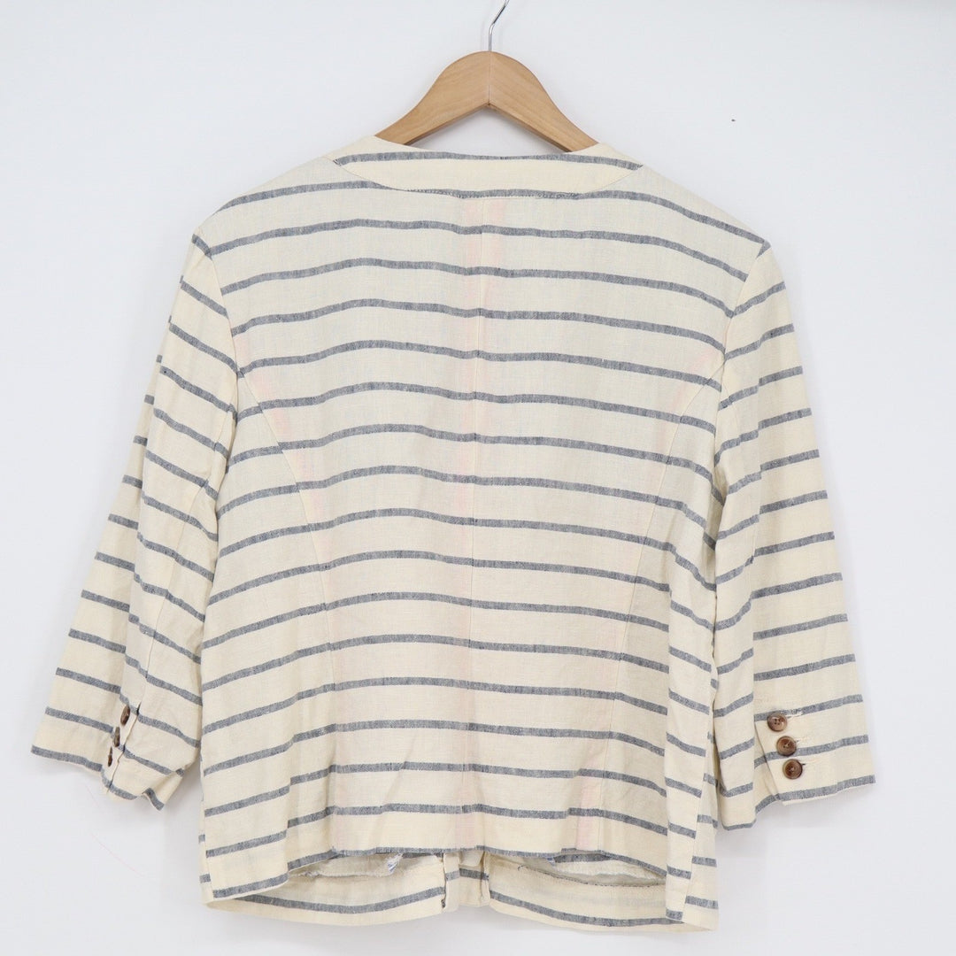Merona Womens XL Linen Striped Blazer Cream Blue Collarless 3/4 Sleeve Jacket