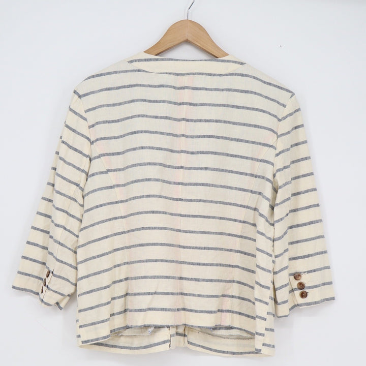 Merona Womens XL Linen Striped Blazer Cream Blue Collarless 3/4 Sleeve Jacket