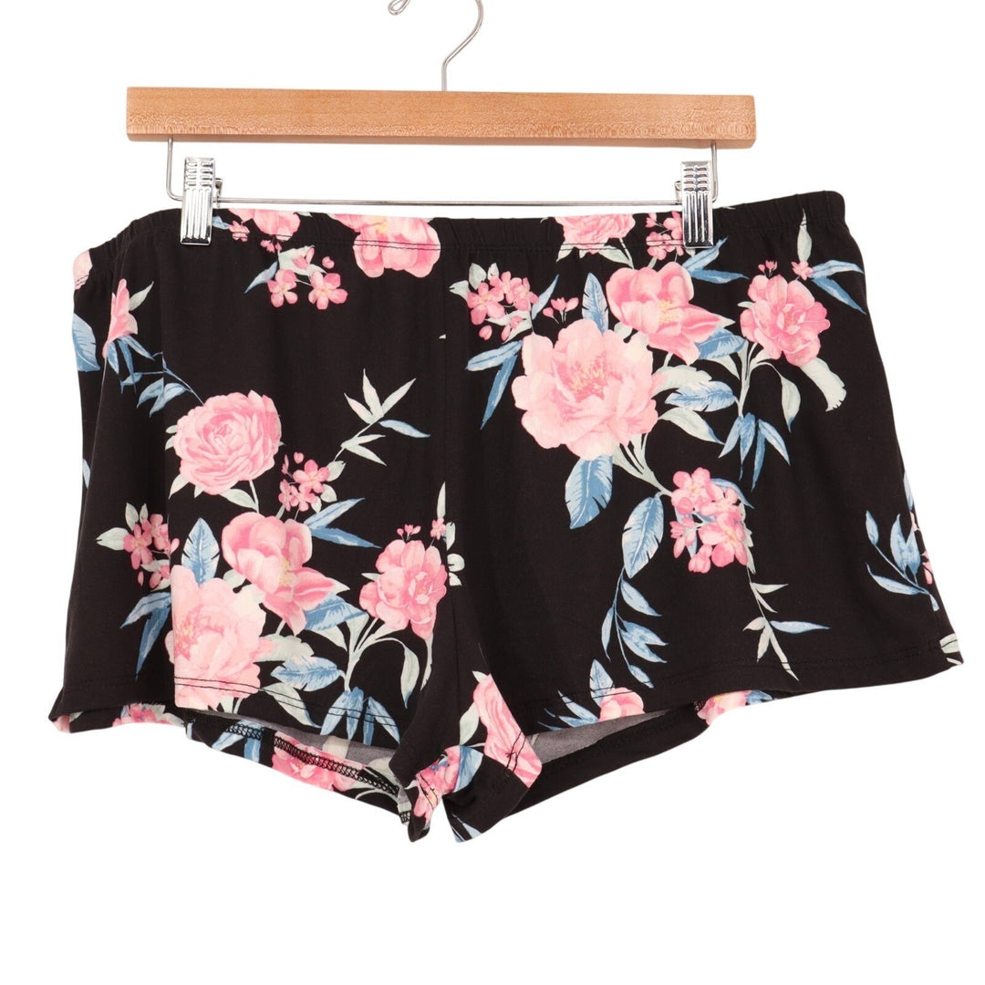 Womens Pajama Sleep Shorts XL Black Pink Floral Allover Print Stretch Pull On