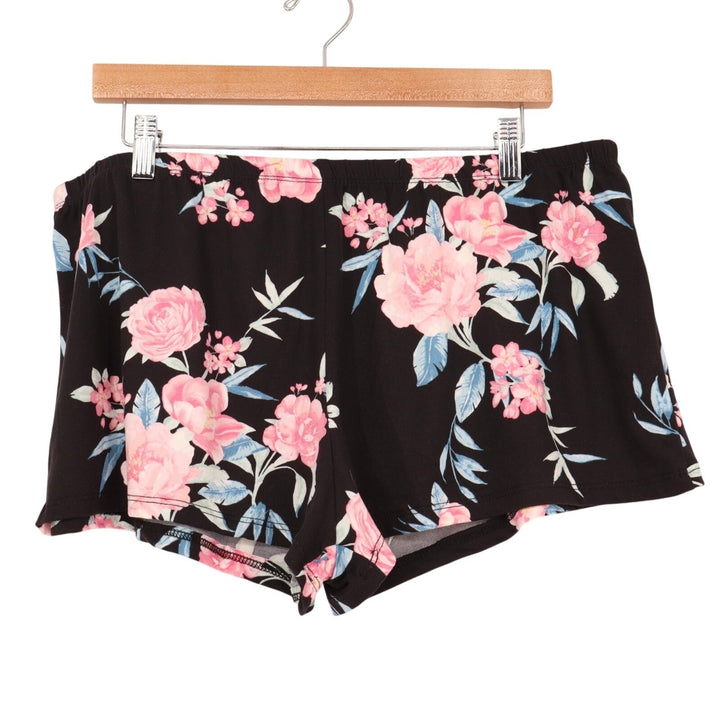 Womens Pajama Sleep Shorts XL Black Pink Floral Allover Print Stretch Pull On
