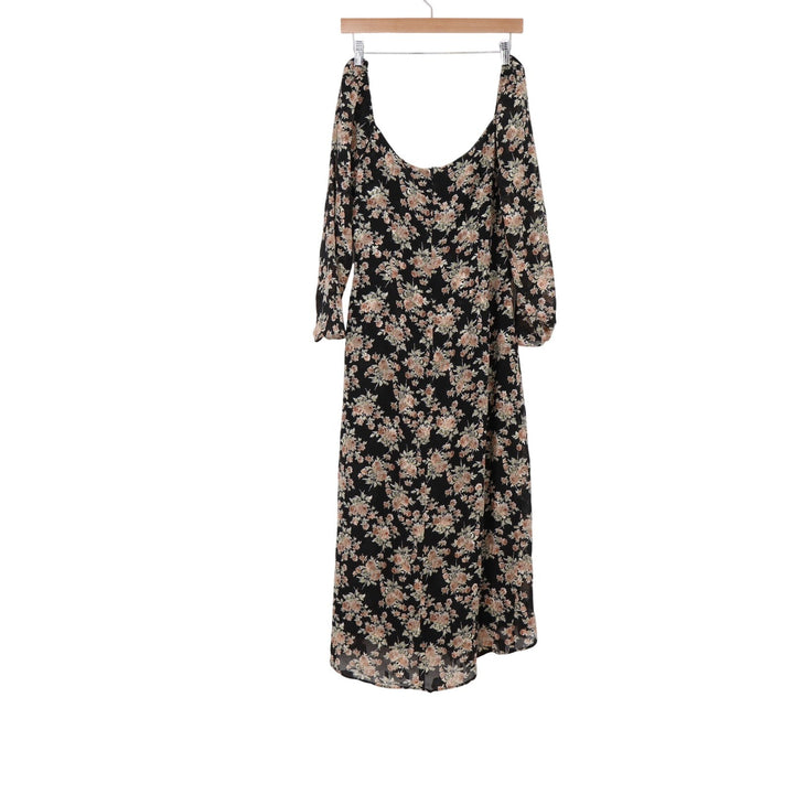 Floret Studios Dress Women's L Black Floral Tulip Hem NWT