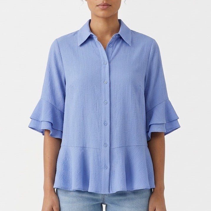 Nine West Shirt Womens Small Blue Button Front Ruffle Detail Peplum Hem Top