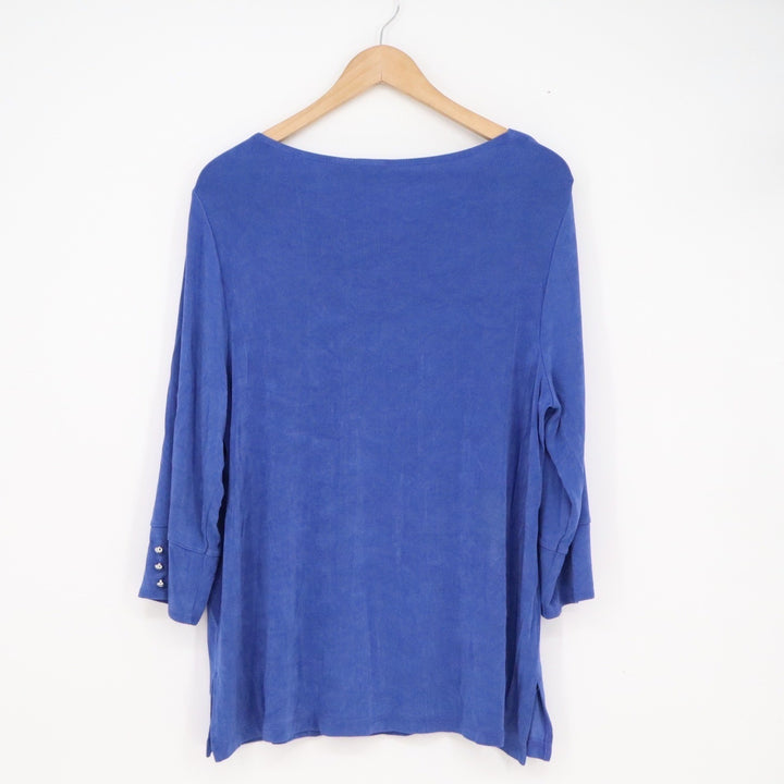 Chicos Travelers Blue 3/4 Sleeve Scoop Neck Button Cuff Top Size 3 XL 16/18