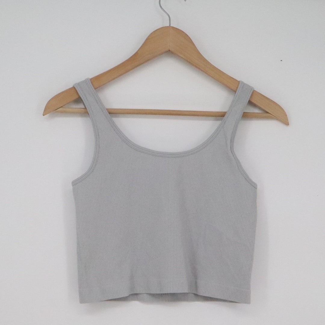 OQQ Womens Ribbed Seamless Crop Tank Top Light Grey Athletic Scoop Neck Large